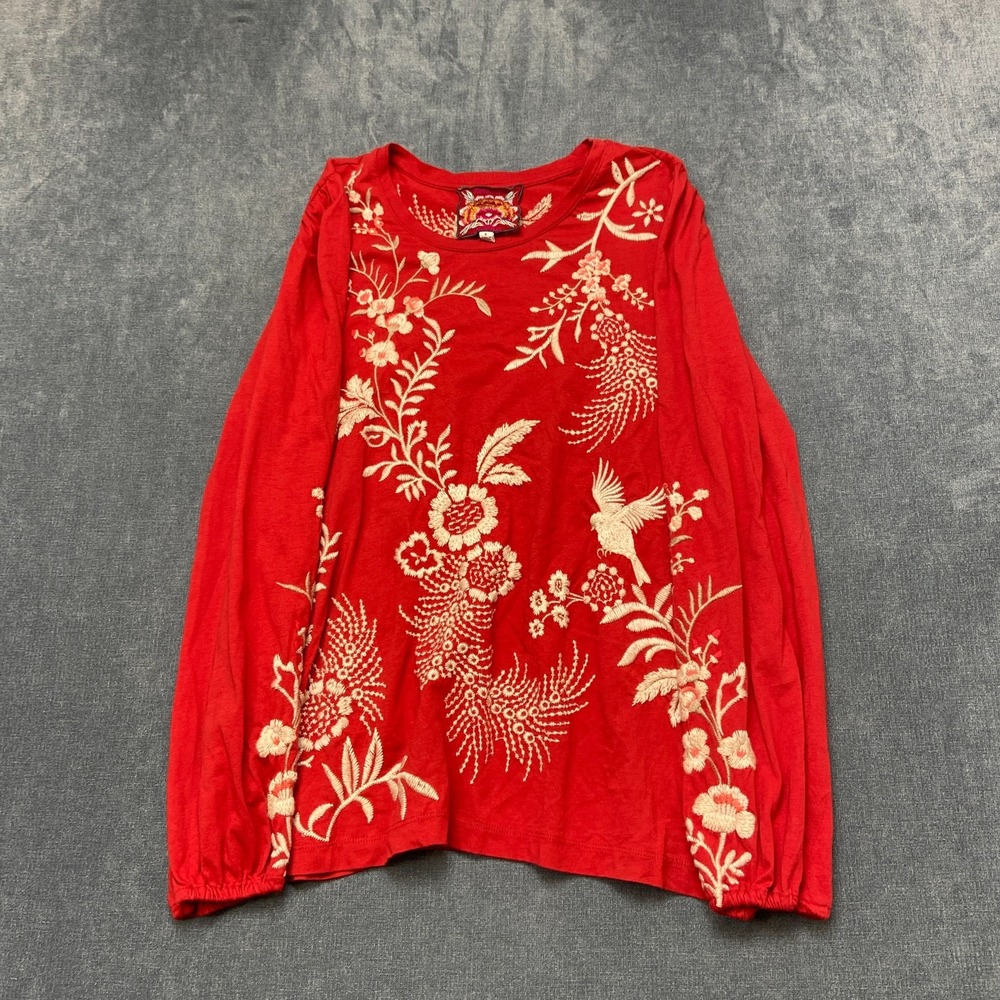 Johnny Was Ellia Top Womens Small Red Puff Sleeve Embroidered Floral Round Neck